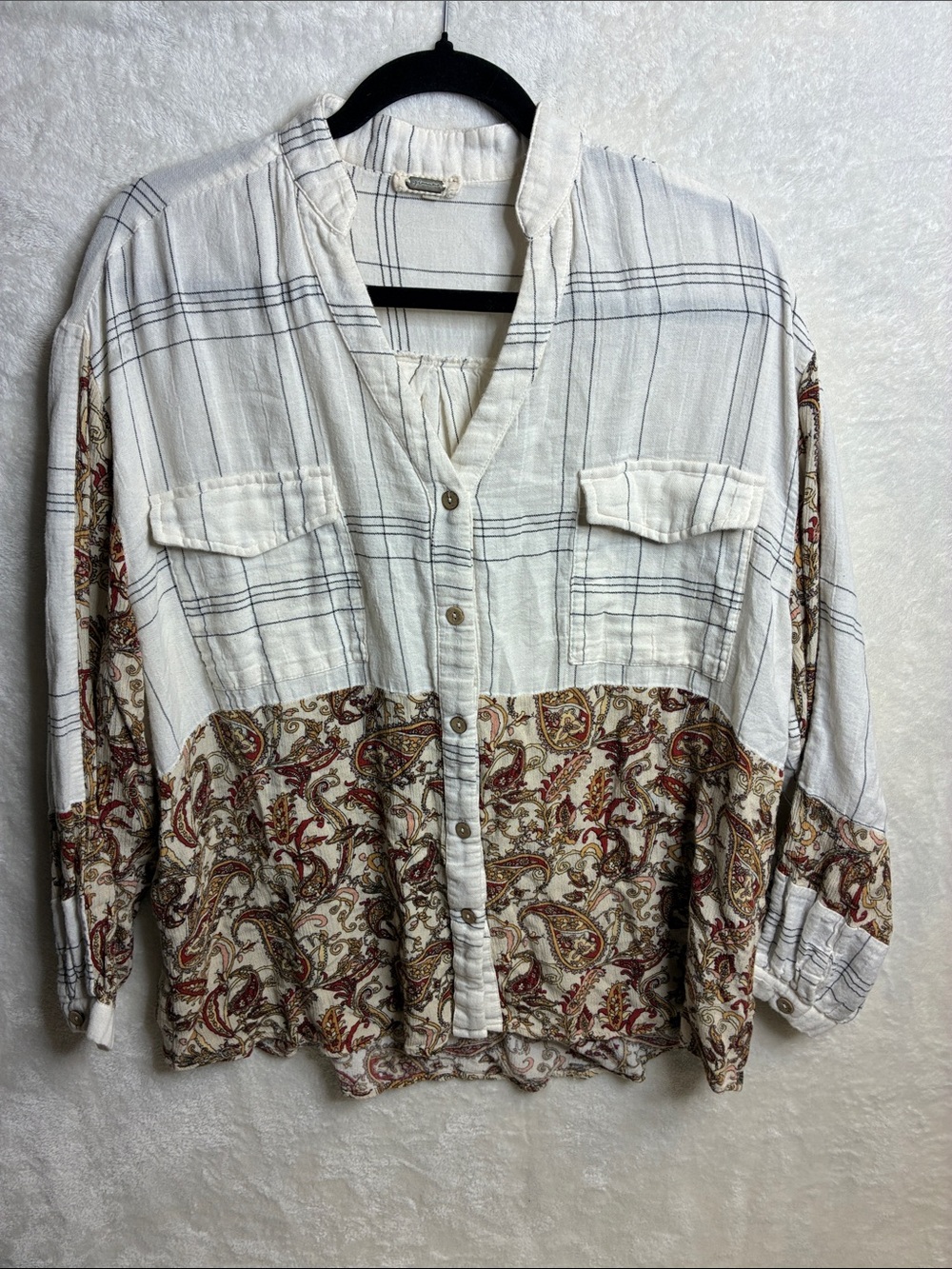 gimmicks by BKE White Plaid Top with Brown Paisley Panel
